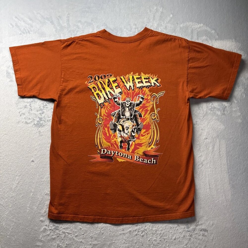 Daytona Beach Florida 2009 Bike Week T-Shirt Orange Double Sided Size Large